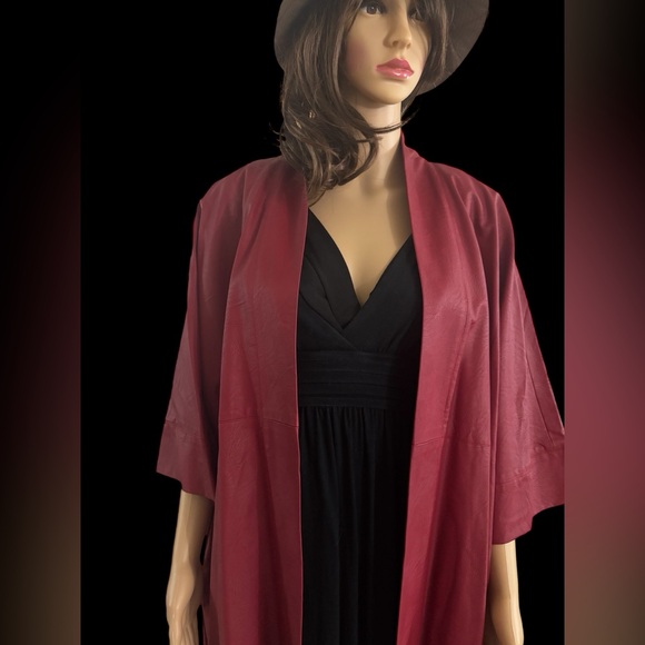 Natori Faux Leather Kimono Long Topper Cardigan Open Front Dark Red Jacket L New - Picture 2 of 9